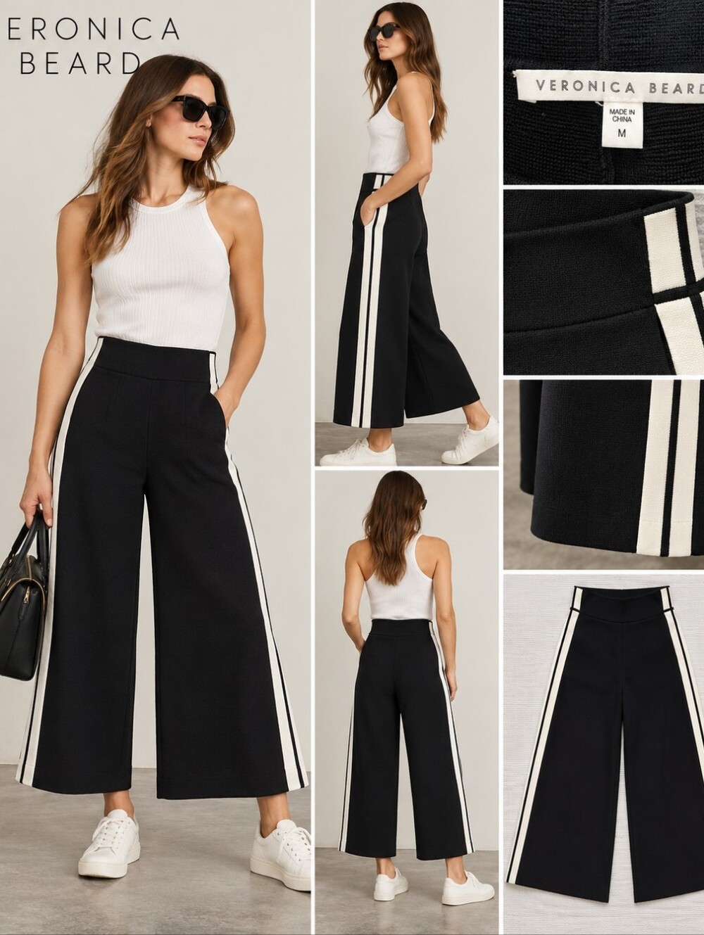 Veronica Beard Black White Side Stripe Cropped Wide Leg Culotte Pants M